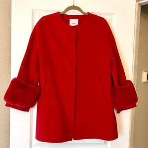 Mango Red Wool-Blend Faux Fur Cuff Sleeves Coat Jacket
